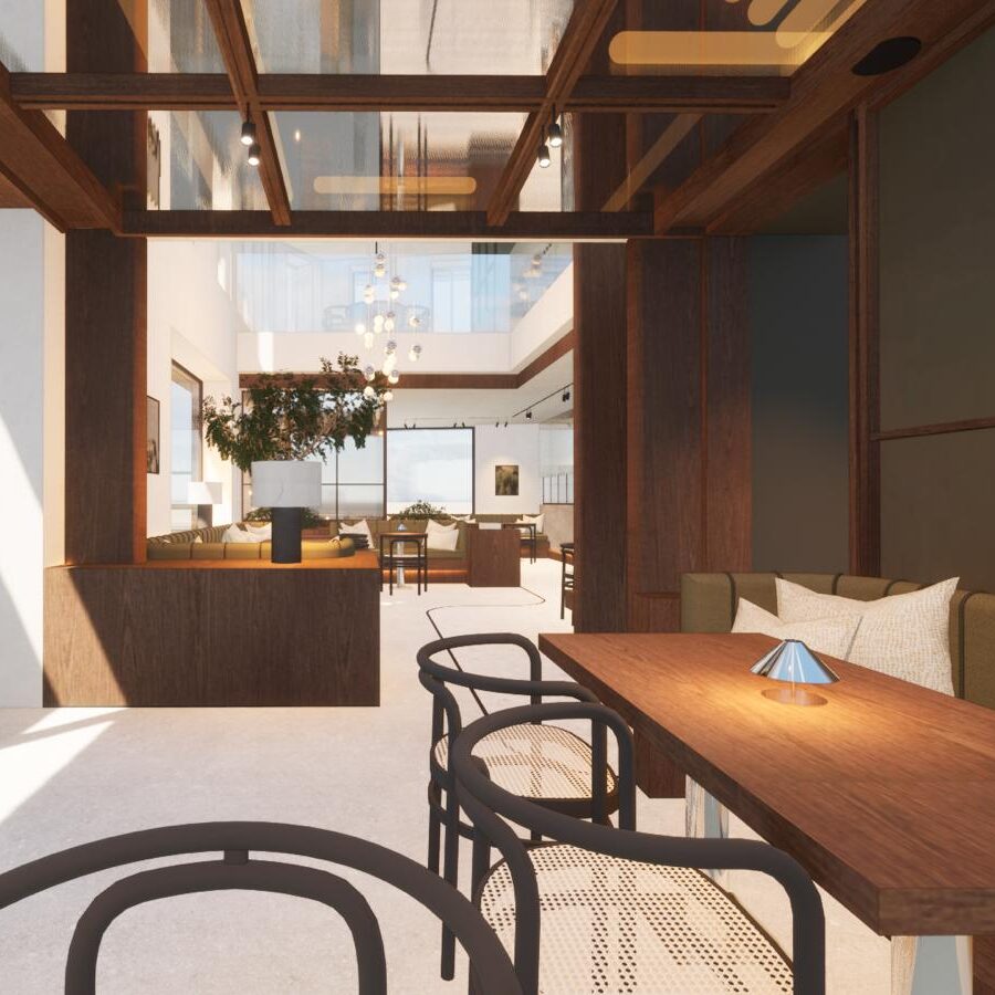 Ontwerpbeeld van het nieuwe Anadolu restaurant met open trappenhuis, houten balken en zithoek