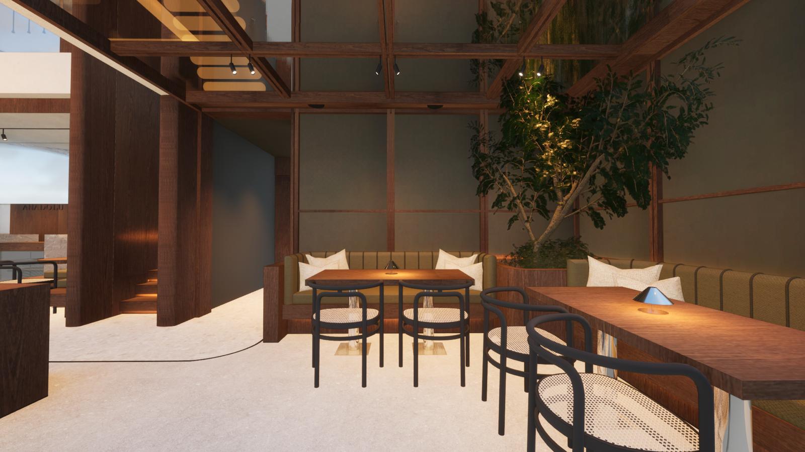 Ontwerpbeeld van de eetzaal van het nieuwe Anadolu restaurant, met houten tafels, groene zitbanken en een boom in de dubbelhoge ruimte