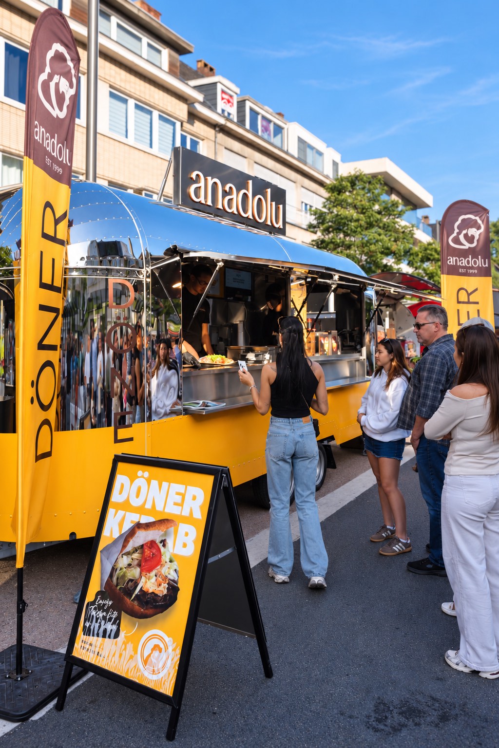Bezoekers in de rij aan de gele Anadolu-foodtruck met dönerkebab-bord op straat